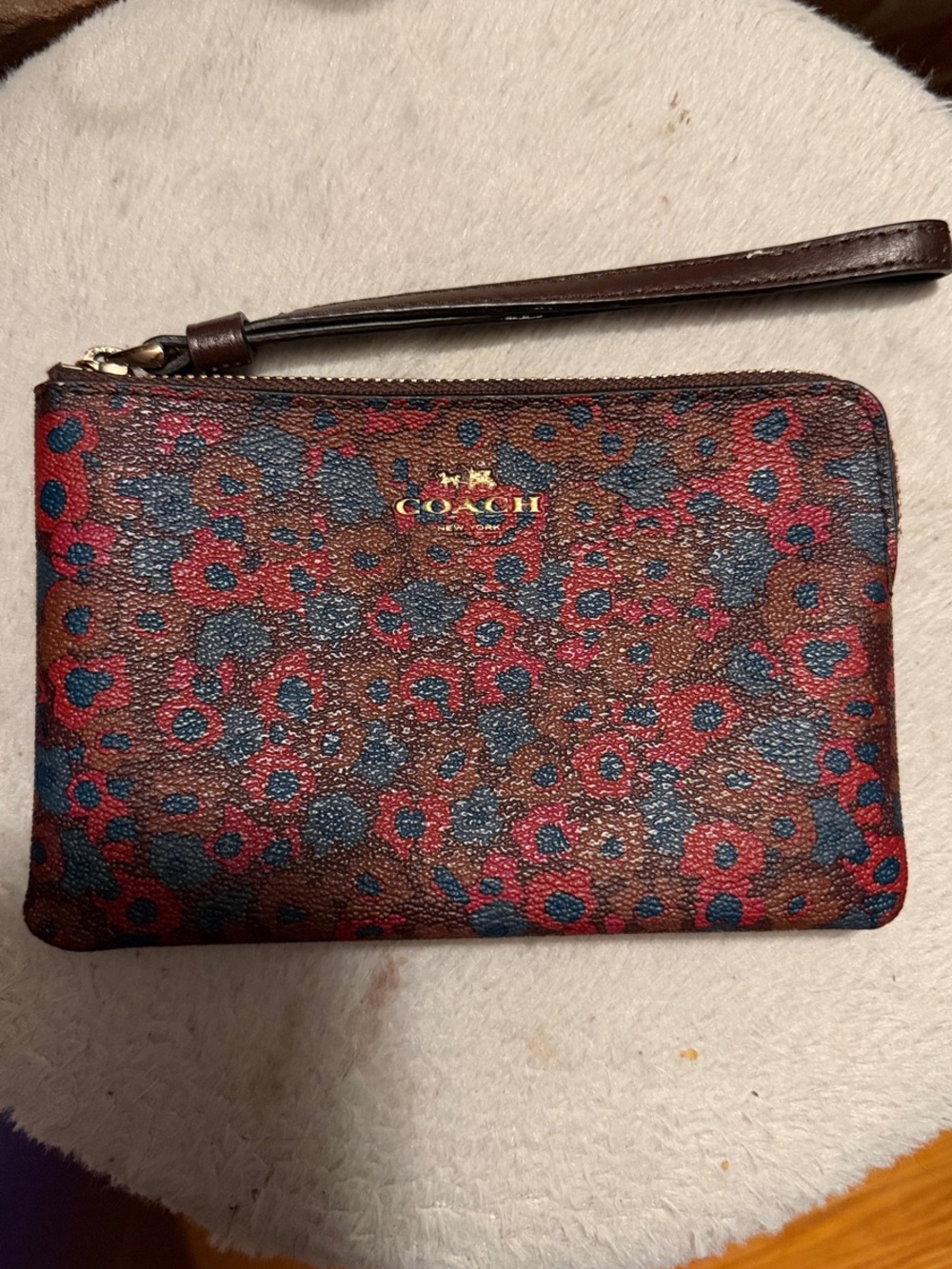 COACH Brown Leopard-Print Wristlet with Red and Blue Accents “Meadow Cluster”